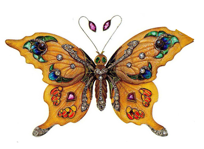 Louis Comfort Tiffany's Butterfly brooch. Enamel and stained glass.