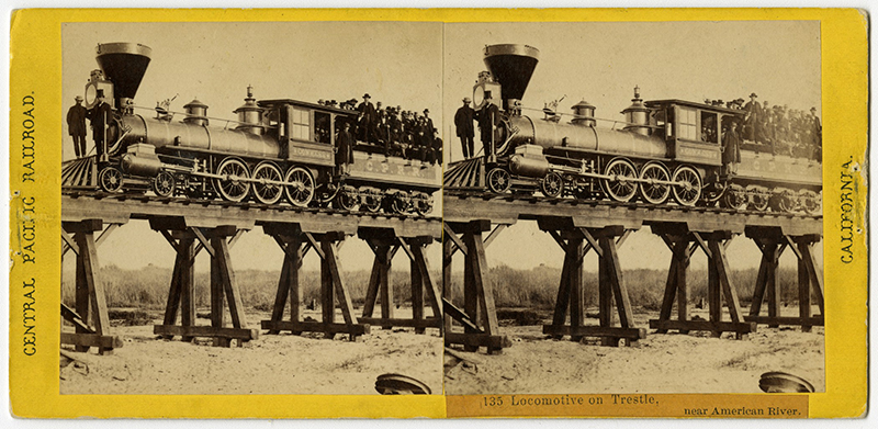 Alfred Hart, Locomotive on Trestle, near American River, ca. 1864. Stereograph, albumen silver print, 3 7/16 x 6 7/8 in. Collection of the Union Pacific Museum.